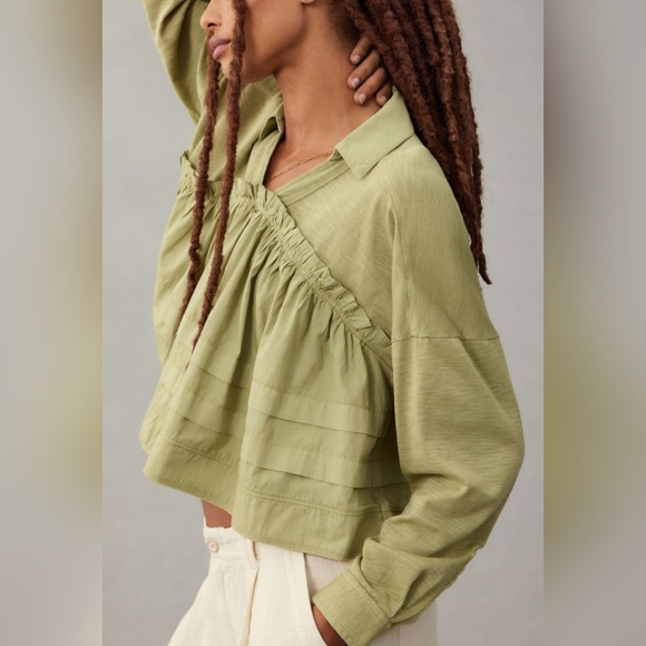 Pilcro Anthropologie 100%Cotton Pullover Long Sleeve Blouse Boho Olive Green S - Picture 1 of 16